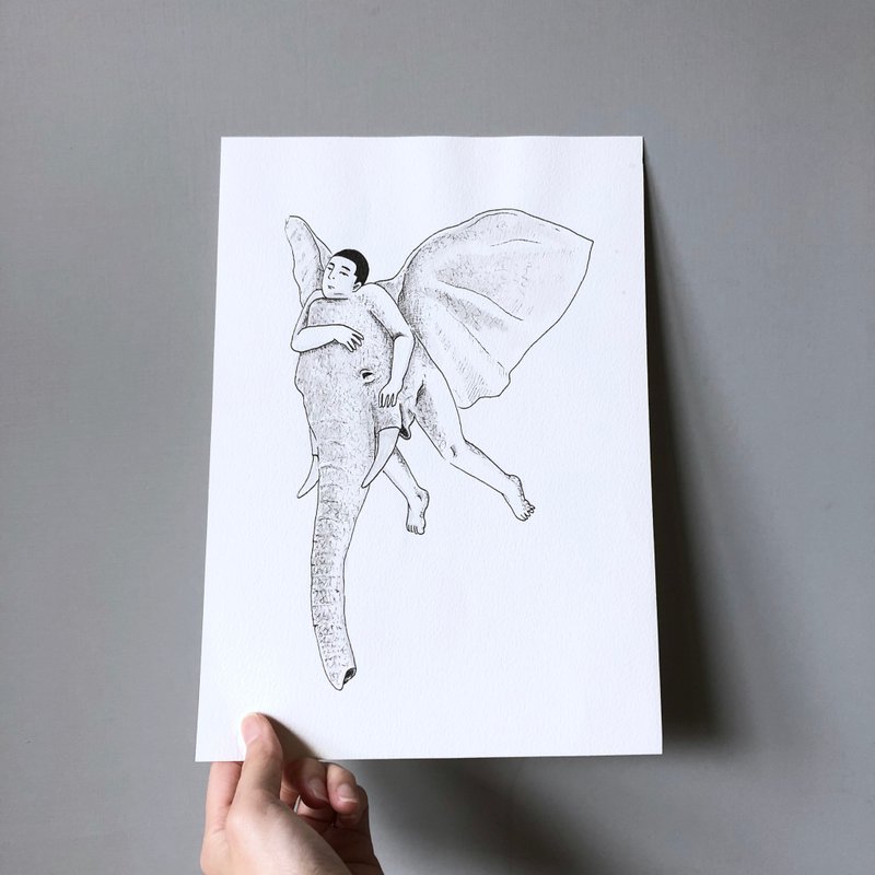 厚颜男孩手绘原画-动物系列-飞象。 挂画/插画艺术/限量原作