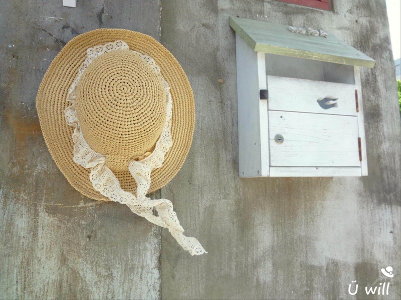 蕾丝缎带宽边帽/夏日防晒遮阳帽/编织草帽/手作钩织帽