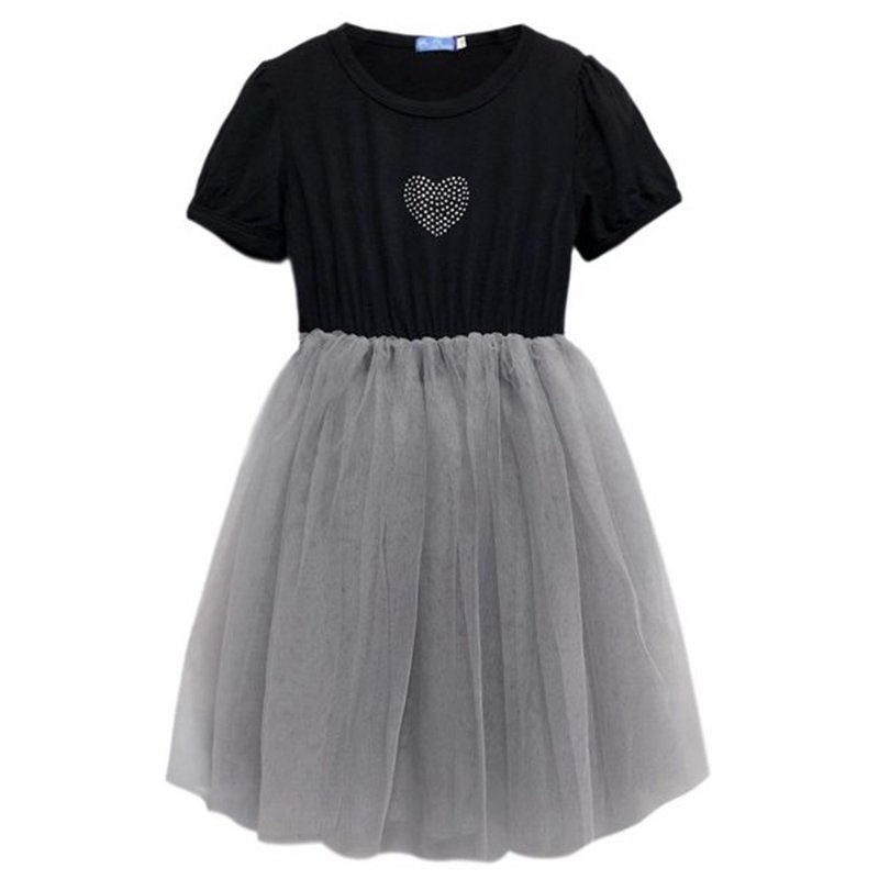 烫钻短袖连身纱裙洋装 Dress Tu Tu-BlackGray-Heart 黑灰-爱心