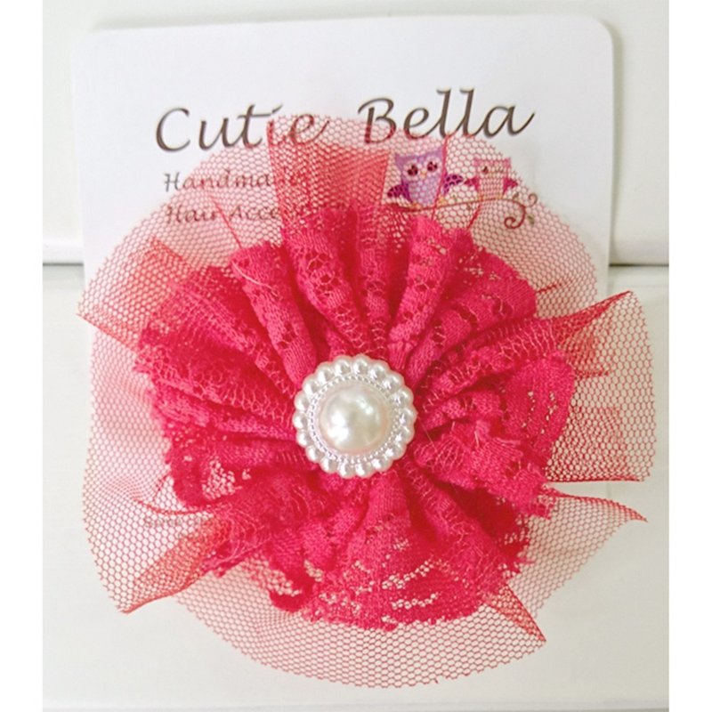 Cutie Bella 全包布蕾丝珍珠花朵Lace Pearl Flower 发夹-Red