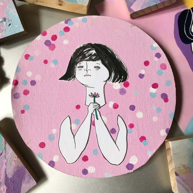 肥妹子Chumimi系列 | 捧花少女粉红圆形挂墙剪贴油画