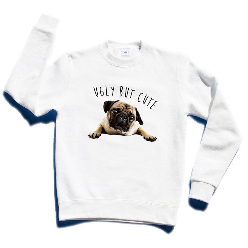 UGLY BUT CUTE PUG 男女 大学T 中性版 刷毛 白色 巴哥 哈巴狗 法斗 狗 犬 动物 美国棉