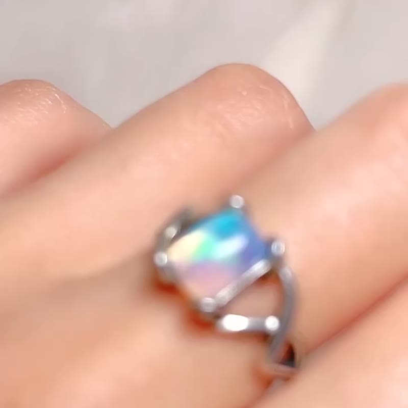 方形白欧泊 丝缎彩带戒指 / 蛋白石 / 925纯银 / Opal - 戒指 - 宝石 紫色