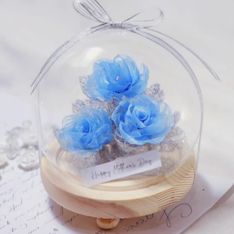 包邮 半透明蓝玫瑰 缎带永生花玻璃罩LED小夜灯 - 干燥花/捧花 - 玻璃 蓝色
