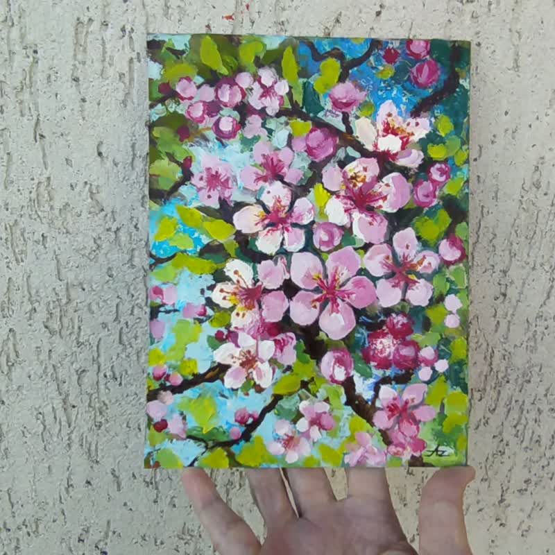Plum Blossom Painting Meihua Original Art Blooming Tree Oil Small Artwork - 海报/装饰画/版画 - 其他材质 粉红色