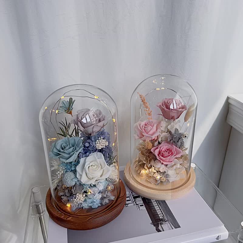 毕业礼物【独家USB款】可定制文字  LED三朵玫瑰永生花玻璃钟罩 - 干燥花/捧花 - 植物．花 蓝色
