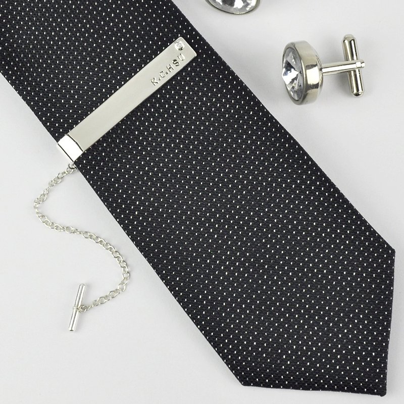 素面单钻领带夹 英文钢印打字 925纯银 - 领带/领带夹 - 纯银 银色