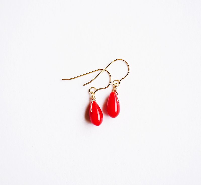 天然红珊瑚水滴耳环  百搭 定制化 送礼  轻珠宝 14K - 耳环/耳夹 - 其他材质 红色