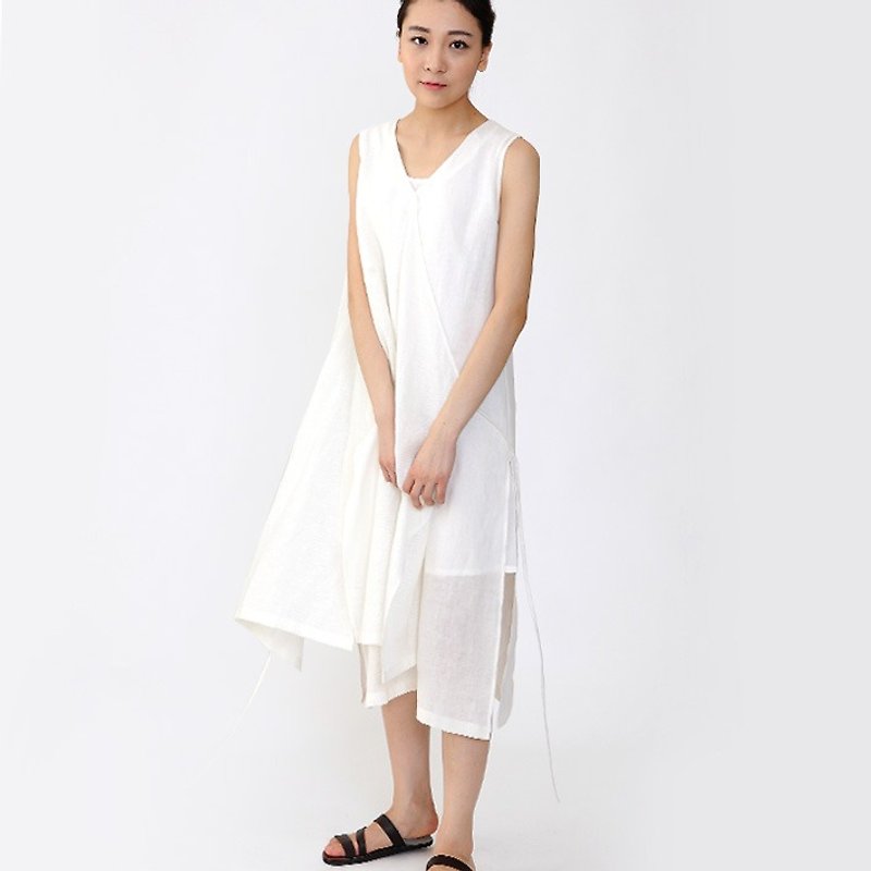 不服 高端叶脉镂花亚麻连衣裙 假两件洋装   白  D140604 - 旗袍 - 棉．麻 白色