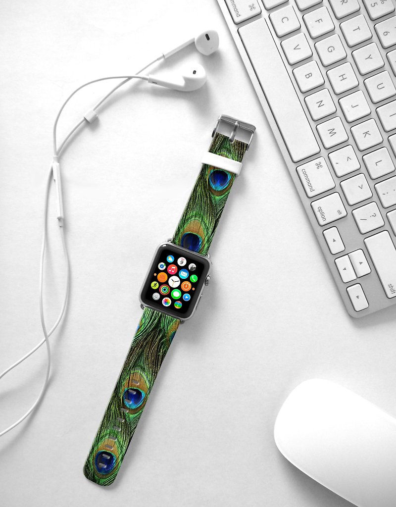 Apple Watch 真皮手表带, Freshion香港原创设计师品牌 -孔雀图案 - 表带 - 真皮 