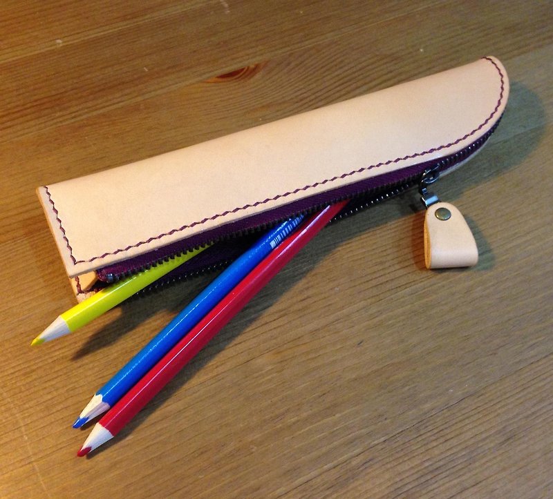 弯月皮革笔袋 // 橡木白x森林红莓线色 - 铅笔盒/笔袋 - 真皮 白色