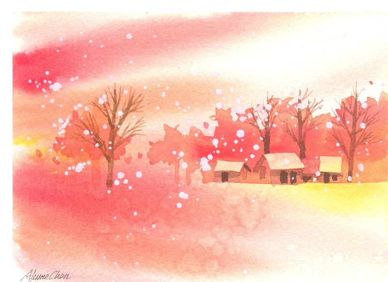 圣诞卡片“疗愈系树林系列1-84”水彩手绘限量版明信片/贺卡 - 卡片/明信片 - 纸 橘色