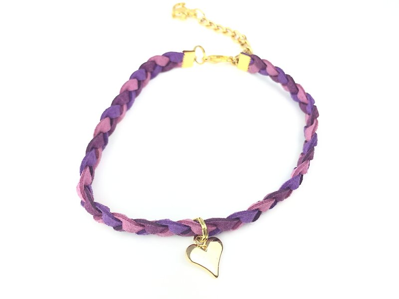 紫色系三色麂皮麻花颈链-金色爱心 - 项链 - 真皮 紫色
