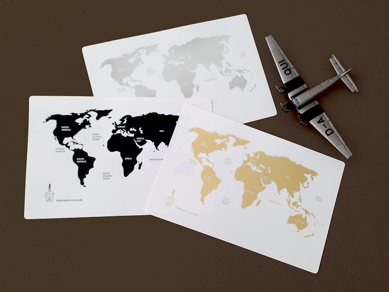 Globetrotting - 环游世界明信片全套3张 - 地图 - 防水材质 黑色