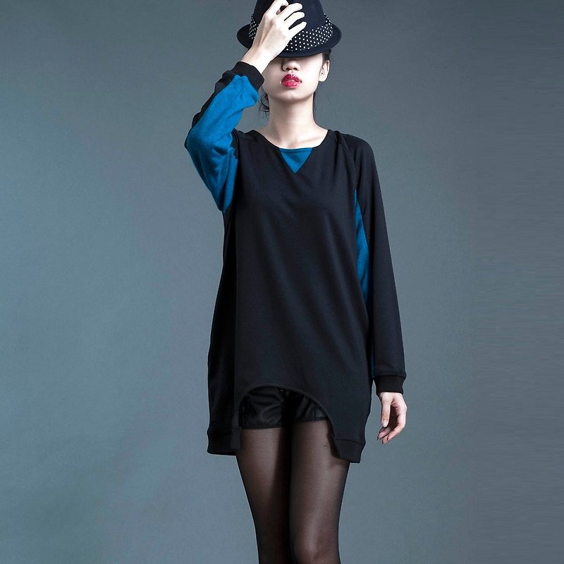 【Top】前挖造型长版上衣_ 黑+蓝 - 女装 T 恤 - 棉．麻 黑色