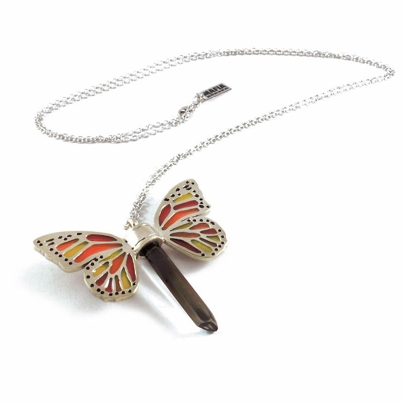 White bronze Butterfly wing pendant with smoky raw quartz stone and enamel color - 项链 - 其他金属 