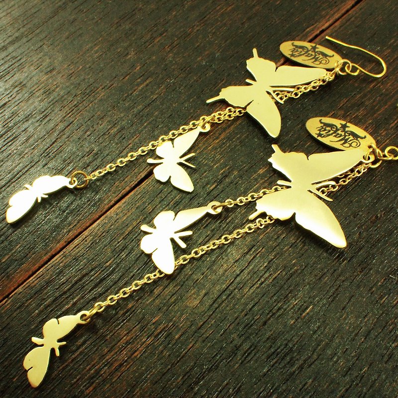 3 butterfly  earring  in brass hand sawing - 耳环/耳夹 - 其他金属 