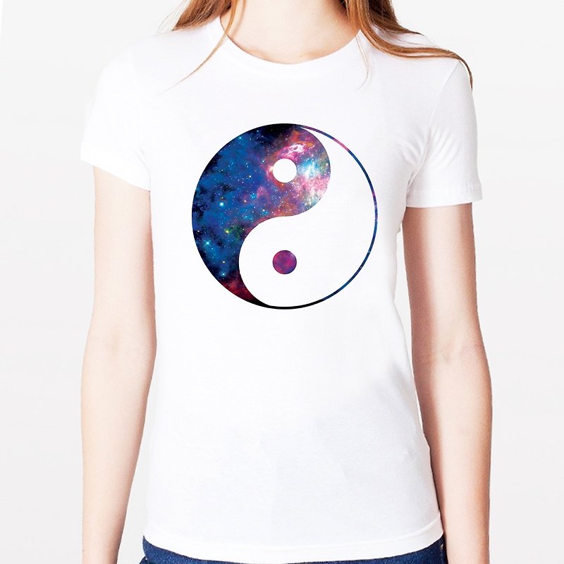Ying Yang-Galaxy 女生短袖T恤-白色 太极 阴阳 银河系 宇宙 设计 - 女装 T 恤 - 棉．麻 白色