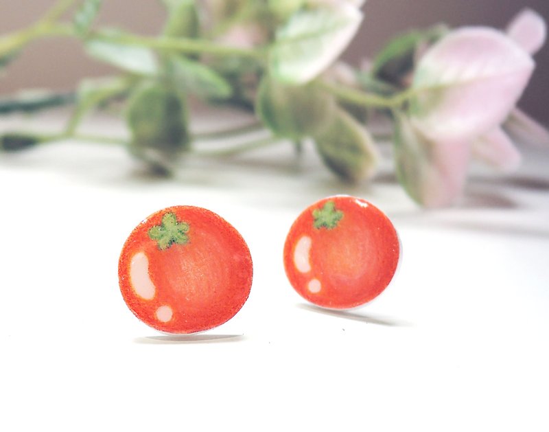 红红的小番茄手工耳环 抗敏耳针 无痛耳夹 - 耳环/耳夹 - 塑料 红色
