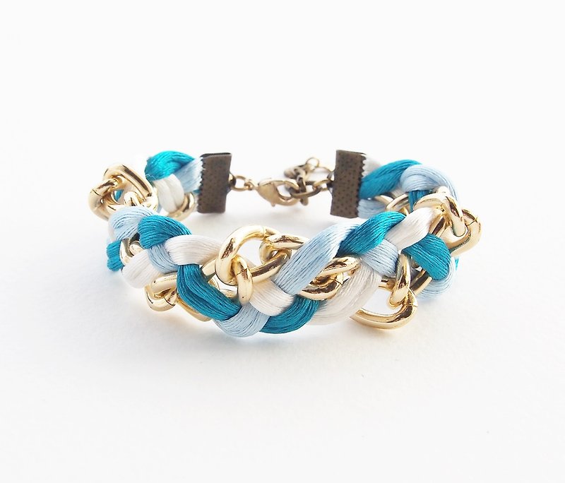 Blue mint white braided with gold chain bracelet. - 手链/手环 - 其他材质 蓝色