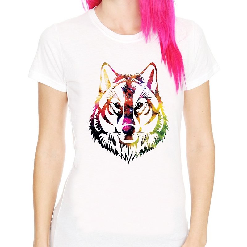 COSMIC WOLF女生短袖T恤-白色 狼 宇宙 设计 自创 品牌 银河系 时髦 圆 三角形 - 女装 T 恤 - 其他材质 白色