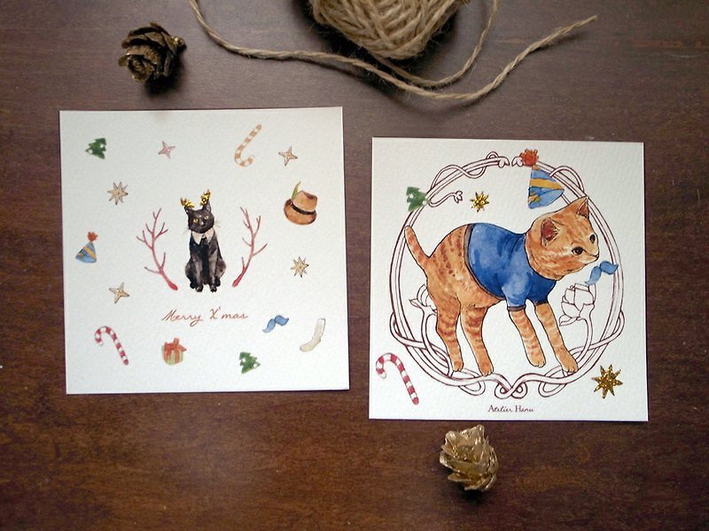 ☃猫咪圣诞小卡片☃ 2张 （共二款） - 卡片/明信片 - 纸 咖啡色