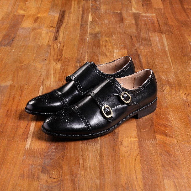 Vanger  x PLaiN-me 联名企划经典双扣孟克仕鞋 Va99绅士黑 - 男款休闲鞋 - 真皮 黑色