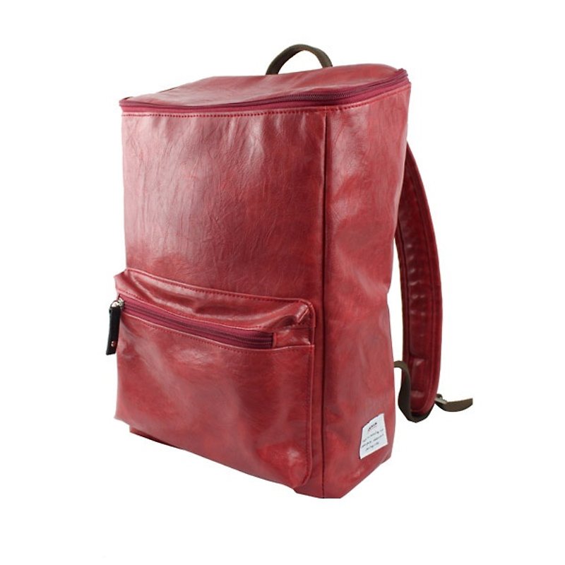 AMINAH-玫红色复古皮革方形后背包【am-0227】 - 其他 - 人造皮革 红色