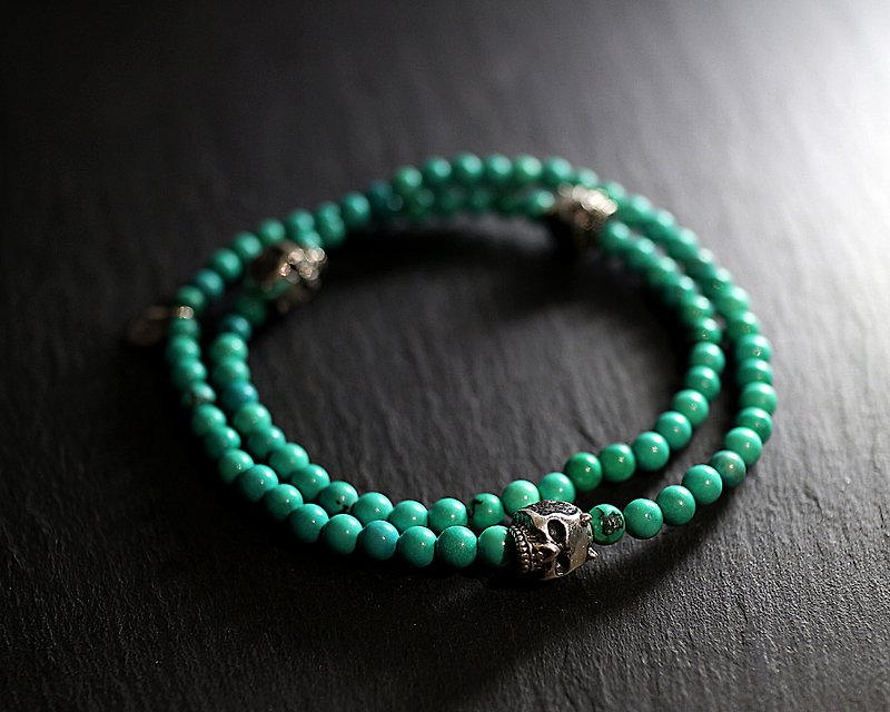 Demon Skull 纯银双圈细骷髅手链(土耳其石) - 手链/手环 - 其他材质 绿色