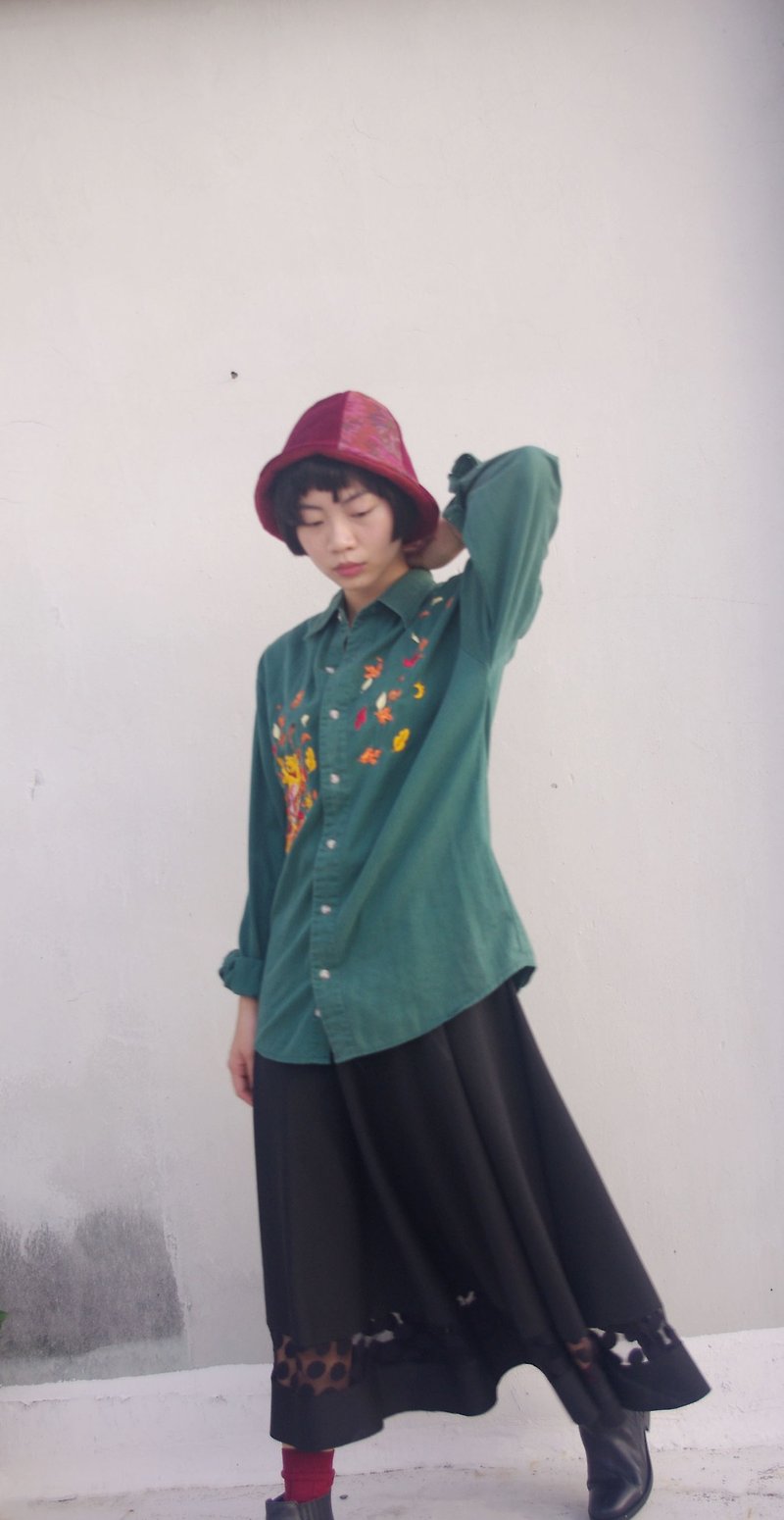 4.5studio-寻宝古着-小熊维尼卡通电绣翠绿长袖衬衫 - 女装衬衫 - 其他材质 绿色