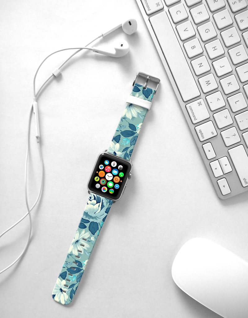 Apple Watch Series 1 , Series 2, Series 3 - Apple Watch 真皮手表带，适用于Apple Watch 及 Apple Watch Sport - Freshion 香港原创设计师品牌 - 蓝色玫瑰花纹 cr3 - 表带 - 真皮 