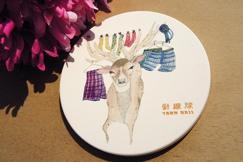 针线球 台湾特有种动物--梅花鹿 陶瓷吸水杯垫 - 杯垫 - 其他材质 白色