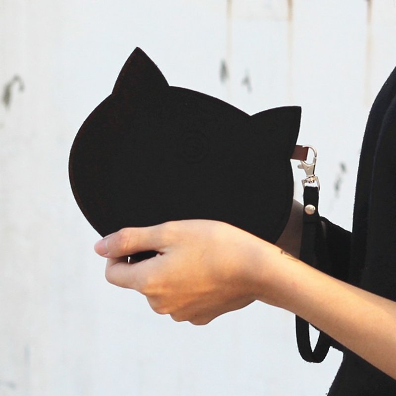 羊毛毡猫咪随身包Portable package/附手腕带-Black Cat黑猫 - 化妆包/杂物包 - 羊毛 黑色