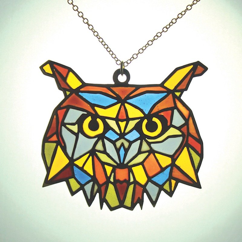 Owl stained glass necklace in brass and oxidized antique color ,Rocker jewelry ,Skull jewelry,Biker jewelry - 项链 - 其他金属 