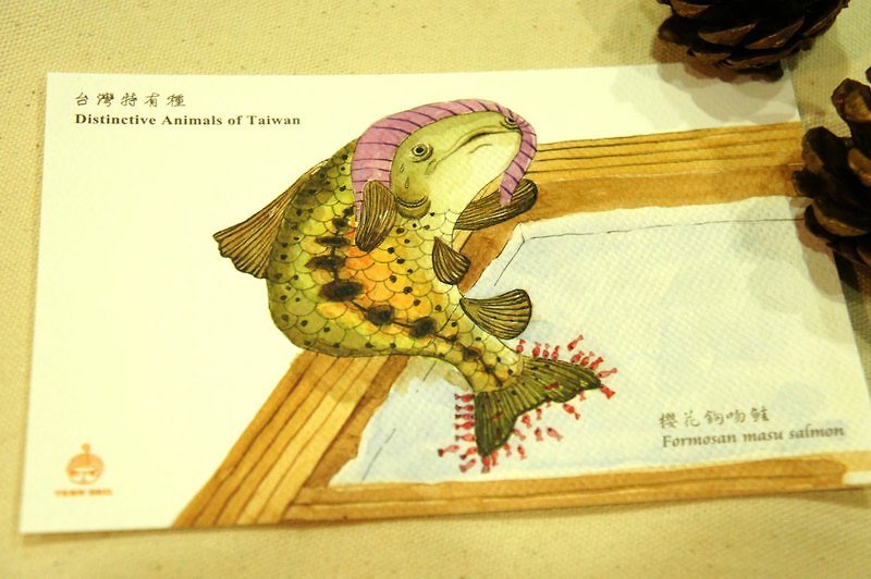 针线球 台湾特有种明信片-樱花钩吻鲑泡温泉 - 卡片/明信片 - 纸 绿色