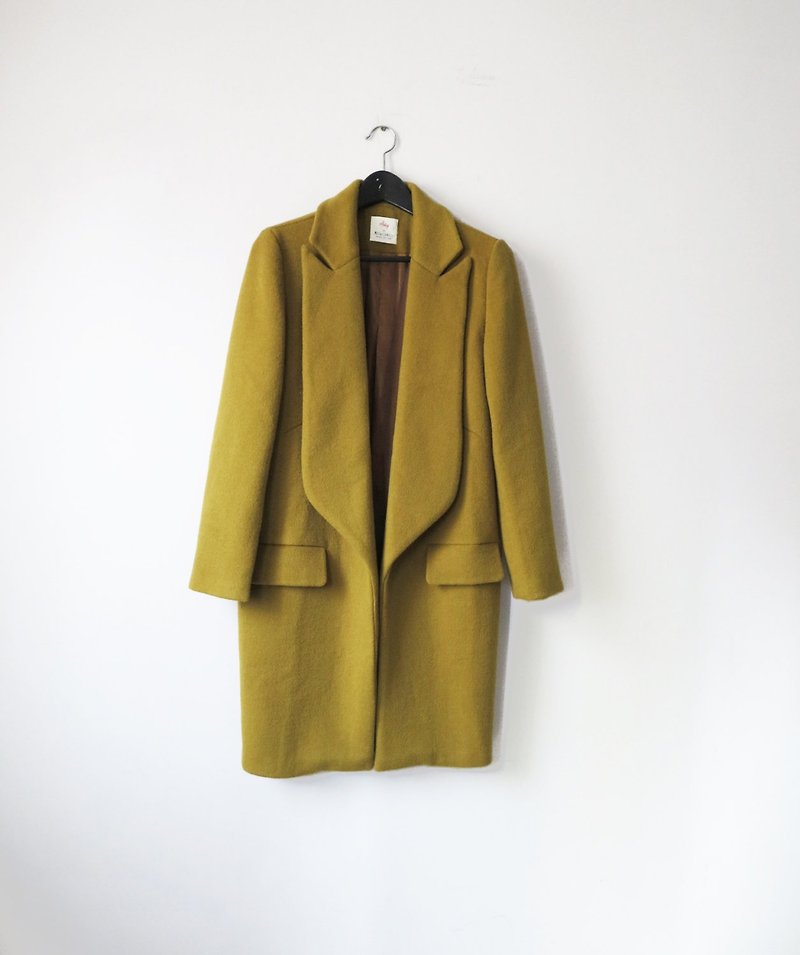 芥橄榄绿高领敞开式手工羊毛大衣 - 女装休闲/机能外套 - 羊毛 