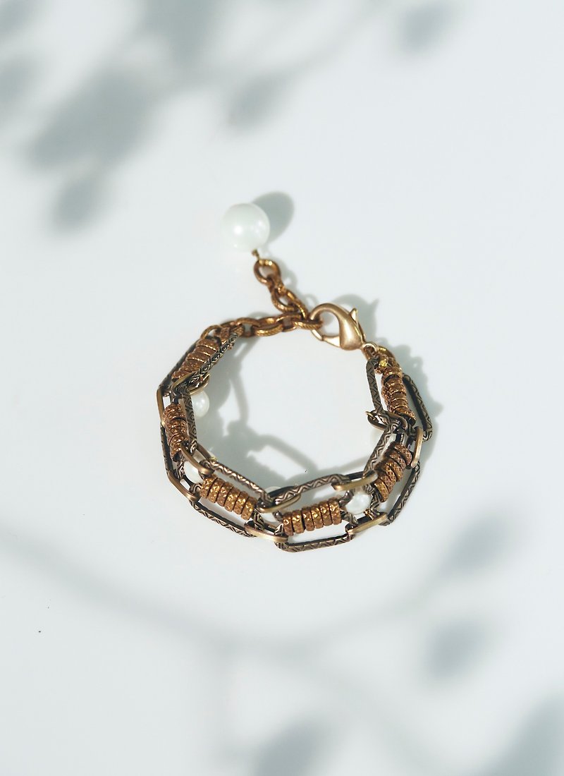 古典珍藏 珍珠轨道手链  手工复古黄铜 - 手链/手环 - 铜/黄铜 金色