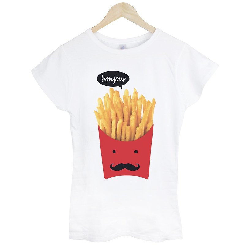 French Fries-bonjour女生短袖T恤-白色 薯条 你好 法国 汉堡 吐司 面包 食物 速食 设计 自创 品牌 文青 - 女装 T 恤 - 棉．麻 白色
