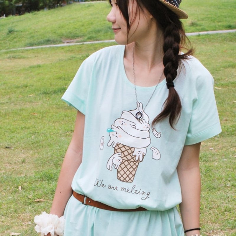 *Mori Shu* 麻糬兔香草冰淇淋Dress长踢(浅绿色) - 洋装/连衣裙 - 棉．麻 绿色