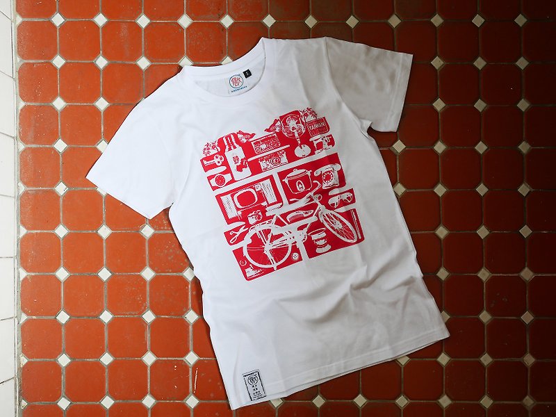 复古T-shirt - 红囍(白色)　春夏 男女同款中性 婚礼 - 男装上衣/T 恤 - 棉．麻 白色