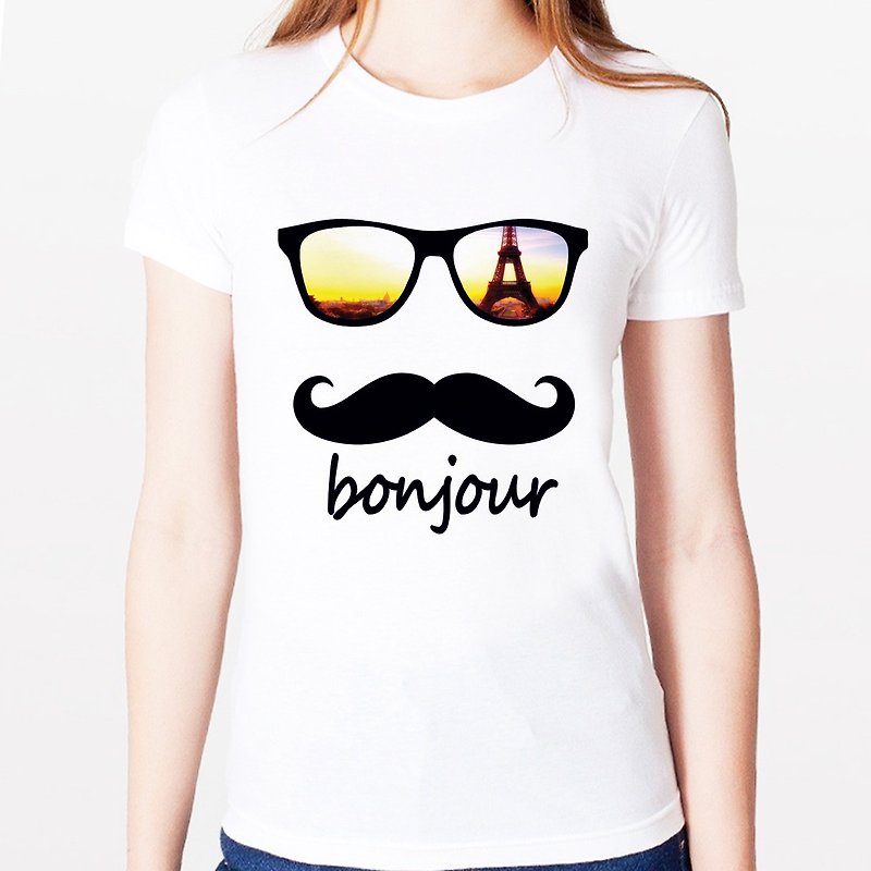 bonjour-Paris女生短袖T恤-白色 巴黎 法国 文青 文创 平价 时尚 设计 自创 时髦 圆 三角形 - 女装 T 恤 - 其他材质 白色