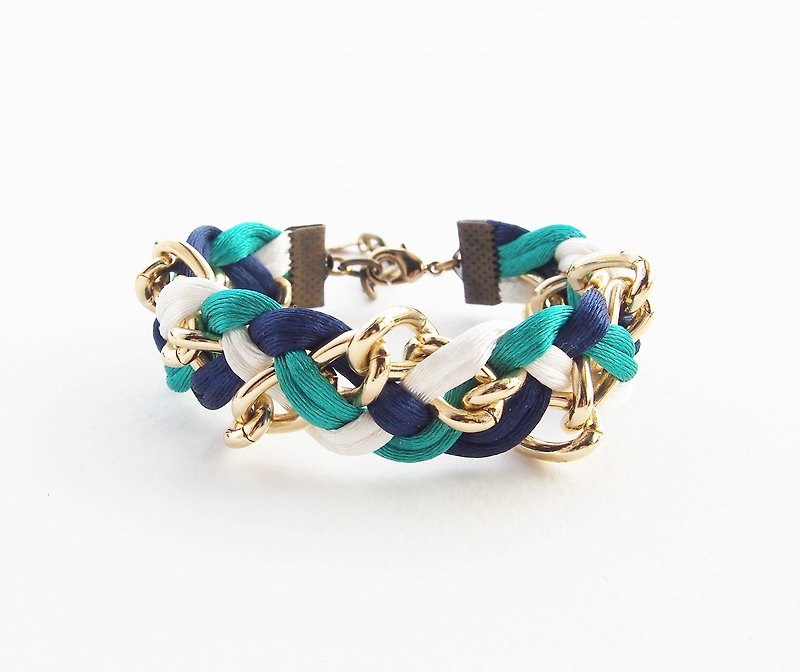 Navy blue, white, green mint braided with gold chain bracelet. - 手链/手环 - 其他材质 多色