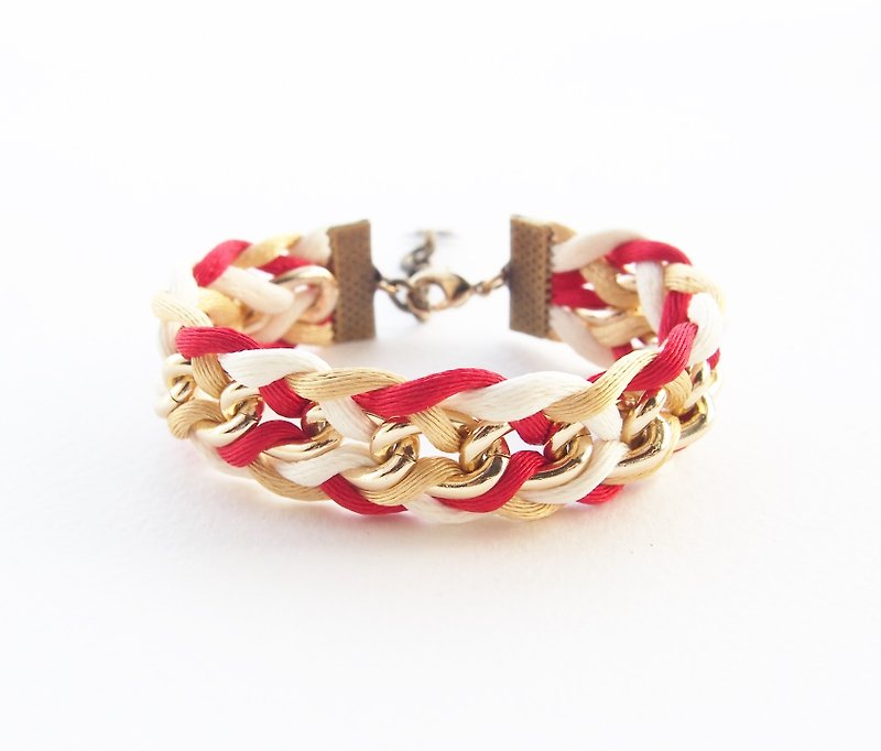 Red white gold braided with gold chain. - 手链/手环 - 其他材质 多色