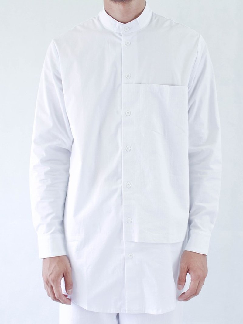Chainloop 长版拼接衬衫 时尚服饰 松身剪裁 白色 简约 - 男装衬衫 - 棉．麻 白色