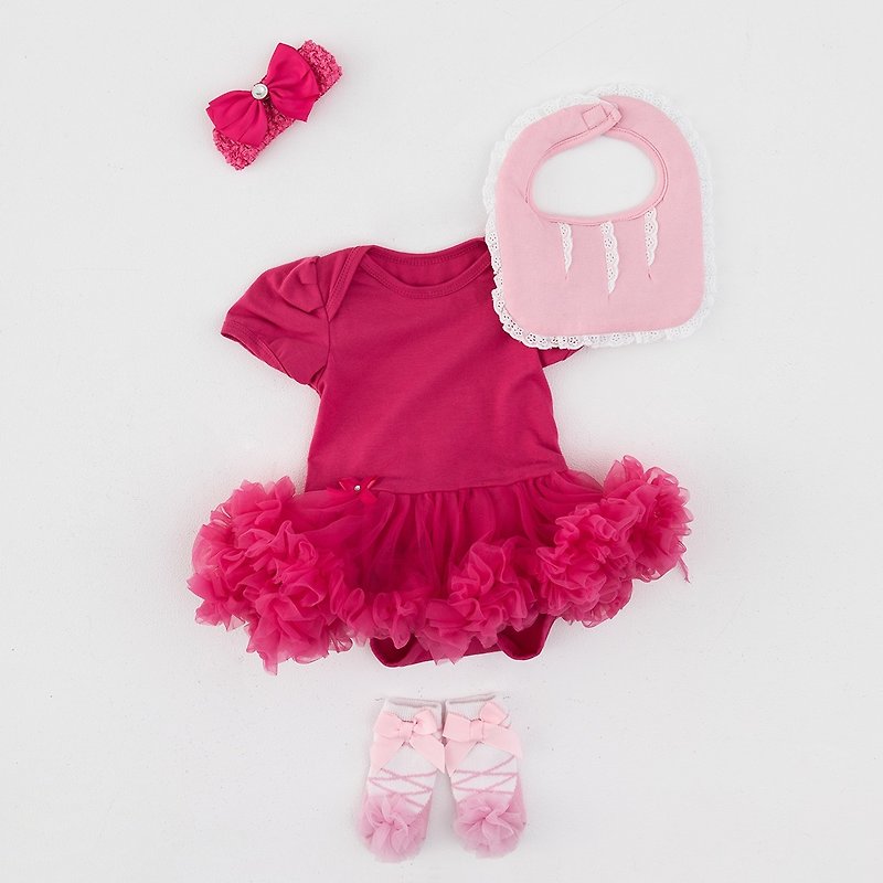 女婴雪纺蓬蓬裙连身衣礼盒组 -桃红芭比(短袖连身衣+围兜+宝宝袜) - 满月礼盒 - 棉．麻 红色