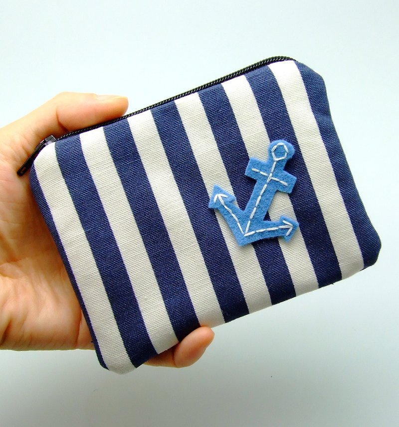 拉链零钱包，卡片包，钥匙包，耳机包，小物包 (蓝白条子) (ZS-85) - 零钱包 - 棉．麻 蓝色