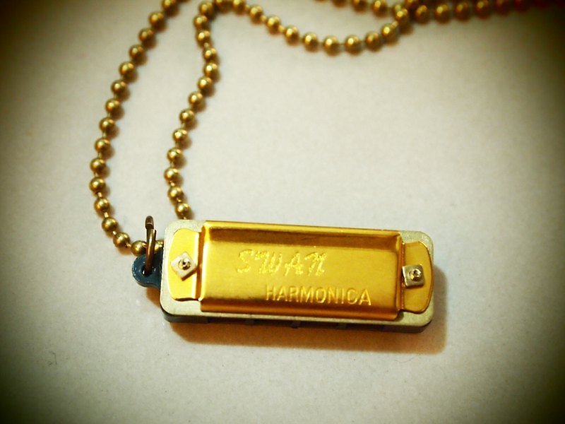 复古迷你小口琴长项链 Mini harmonica 金色 ( 圆珠链款） - 长链 - 其他材质 黄色
