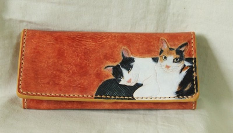 定制宠物两只猫咪英国褐色纯牛皮长皮夹 (订做情人、生日送礼) - 皮夹/钱包 - 真皮 橘色