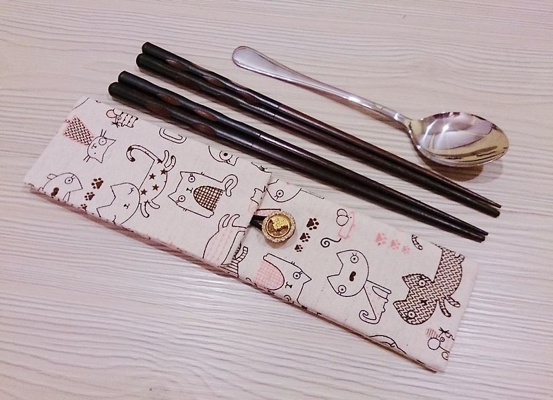 环保餐具收纳袋 双层筷子袋 猫咪款 双筷套组 - 筷子/筷架 - 其他材质 多色
