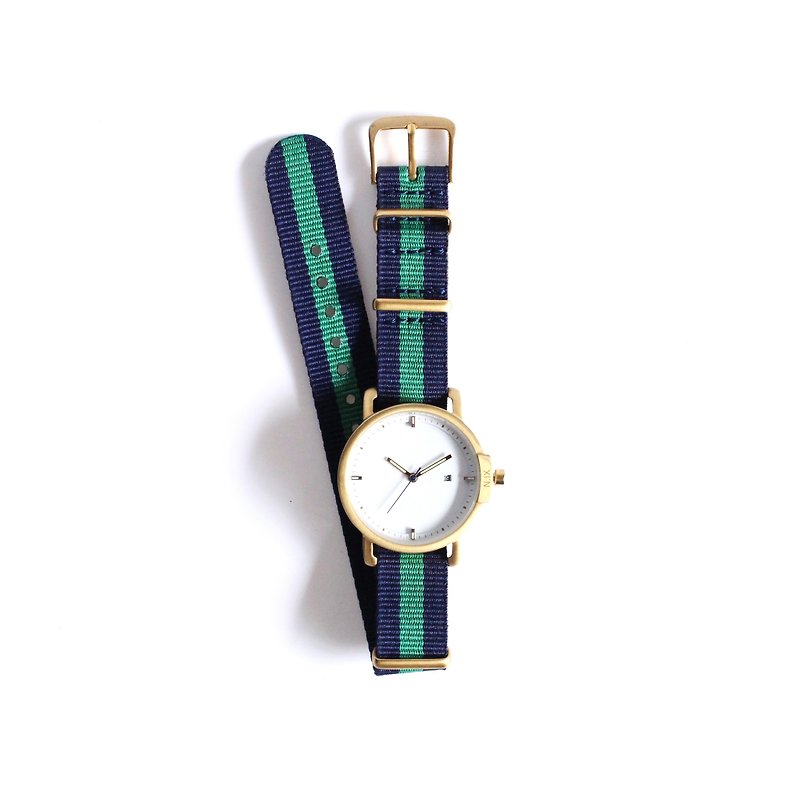 极简大表面金壳白底腕表 - 配蓝绿间纹尼龙带 - 女表 - 其他材质 绿色